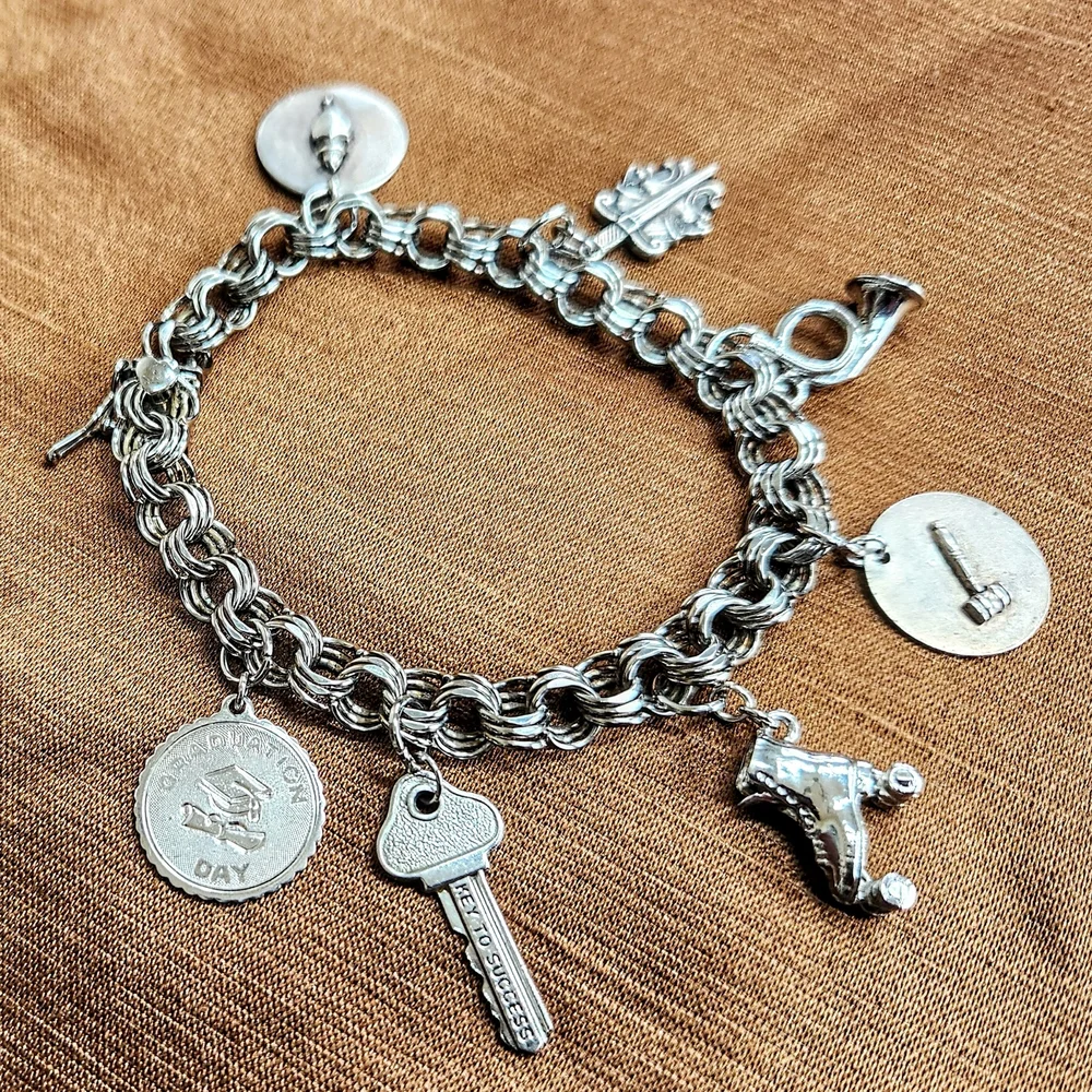 Silver Charm Bracelet with Key & Roller Skate Charms - Picture 1 of 4